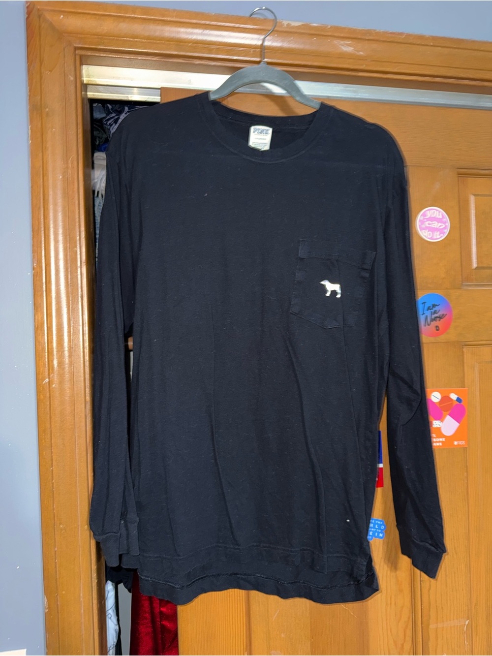 PINK Victoria's Secret Black Long-Sleeve Pocket Tee with Dog Logo